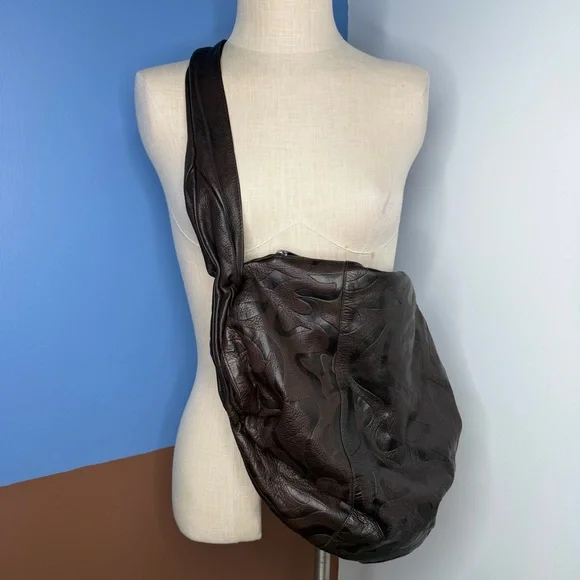 Vintage Tribeca Dark Brown Slouchy Pebbled Leather Sling Bag Large Boho - Picture 5 of 12